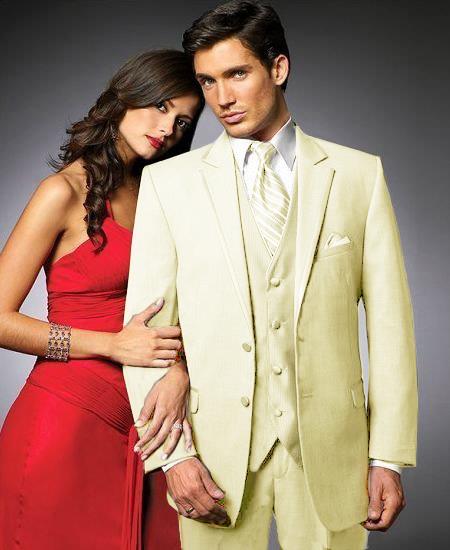 2 Btn Suit/Colored Tuxedo Satin Trim outlines a Notch Lapel Matching Trousers Cream
