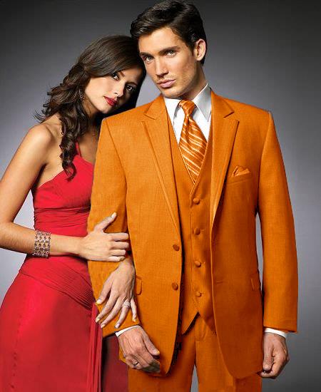 2 Btn Suit/Colored Tuxedo Satin Trim outlines a Notch Lapel Matching Trousers Orange