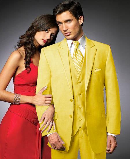 Mensusa Products 2 Btn Suit/Colored Tuxedo Satin Trim outlines a Notch Lapel Matching Trousers Yellow