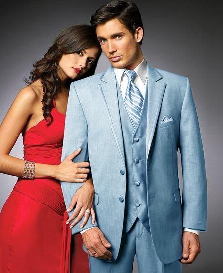 2 Btn Suit/Colored Tuxedo Satin Trim outlines a Notch Lapel Matching Trousers Sky Blue