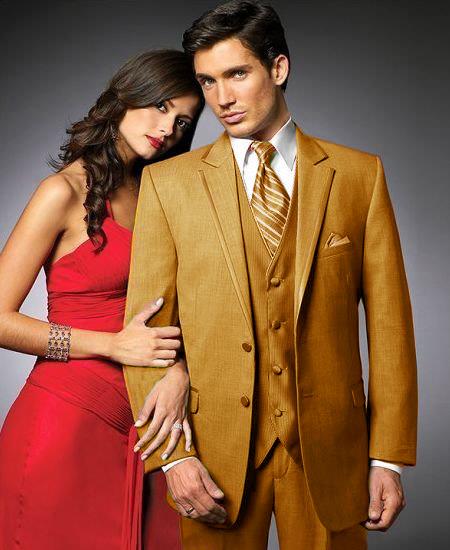 Mensusa Products 2 Btn Suit/Colored Tuxedo Satin Trim outlines a Notch Lapel Matching Trousers GoldCamel