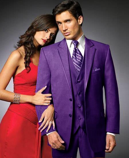 2 Btn Suit/Colored Tuxedo Satin Trim outlines a Notch Lapel Matching Trousers Purple