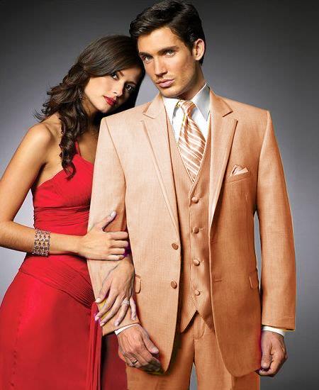 Mensusa Products 2 Btn Suit/Colored Tuxedo Satin Trim outlines a Notch Lapel Matching Trousers Peach