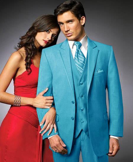 Mensusa Products 2 Btn Suit/Colored Tuxedo Satin Trim outlines a Notch Lapel Matching Trousers Turquoise