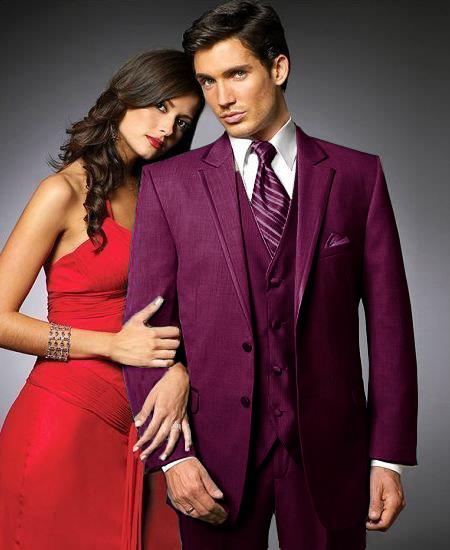 Mensusa Products 2 Btn Suit/Colored Tuxedo Satin Trim outlines a Notch Lapel Matching Trousers Burgundy