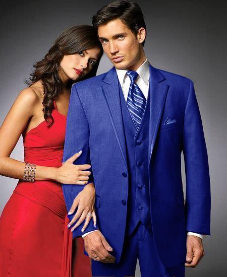 2 Btn Suit/Colored Tuxedo Satin Trim outlines a Notch Lapel Matching Trousers Royal Blue