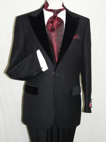 Mensusa Products Men's Black Wool Formal Tuxedo Suit Velvet Trim Peak Lapel One Button