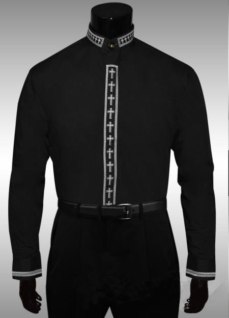Mensusa Products Cross Clergy Collar Cross Placket Dress Shirt Black