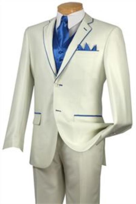 Mensusa Products Tuxedo Blue Trim Microfiber Two Button Notch 5Piece Choice of Solid White or Ivory 585