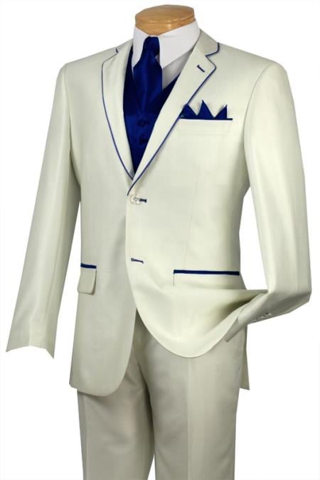 Mensusa Products Tuxedo Navy Blue Trim Microfiber Two Button Notch 5Piece Choice of Solid White or Ivory 585