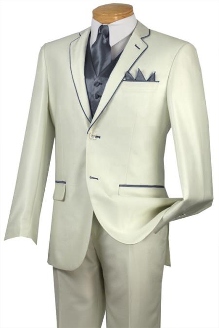 Mensusa Products Tuxedo Silver Grey Trim Microfiber Two Button Notch 5Piece Choice of Solid White or Ivory 585