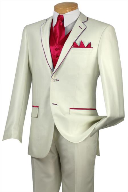 Tuxedo Red Trim Microfiber Two Button Notch 5Piece Choice of Solid White or Ivory 585