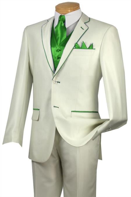 Tuxedo Lime Green Trim Microfiber Two Button Notch 5Piece Choice of Solid White or Ivory 585