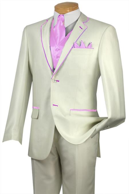 Mensusa Products Tuxedo Pink Trim Microfiber Two Button Notch 5Piece Choice of Solid White or Ivory 585