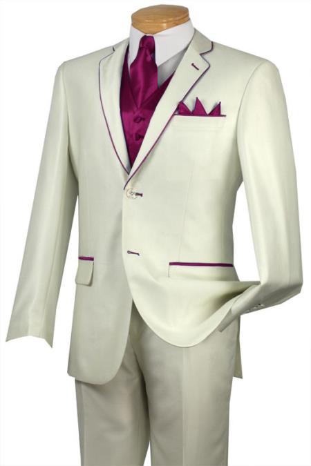 Mensusa Products Tuxedo Burgundy Trim Microfiber Two Button Notch 5Piece Choice of Solid White or Ivory 585