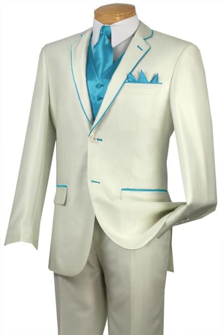 Mensusa Products Tuxedo Turquoise Trim Microfiber Two Button Notch 5Piece Choice of Solid White or Ivory 585