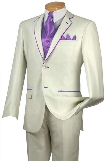 Mensusa Products Tuxedo Lavender Trim Microfiber Two Button Notch 5Piece Choice of Solid White or Ivory 58
