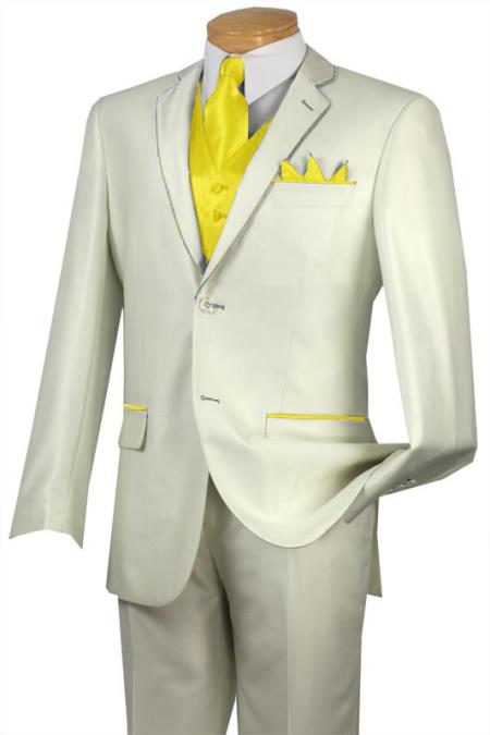 Mensusa Products Tuxedo Yellow Trim Microfiber Two Button Notch 5Piece Choice of Solid White or Ivory 585
