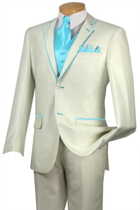 Mensusa Products Tuxedo Sky Blue Trim Microfiber Two Button Notch 5Piece Choice of Solid White or Ivory 585