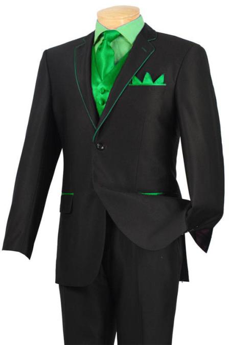 Mensusa Products Tuxedo Black Lime Green Trim Microfiber Two Button Notch 5Piece 585