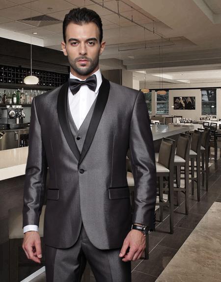 Mensusa Products Classic 3PC 1 Button Shale Collar Black Suit with Trim on the Collar Super's Italian Fabric