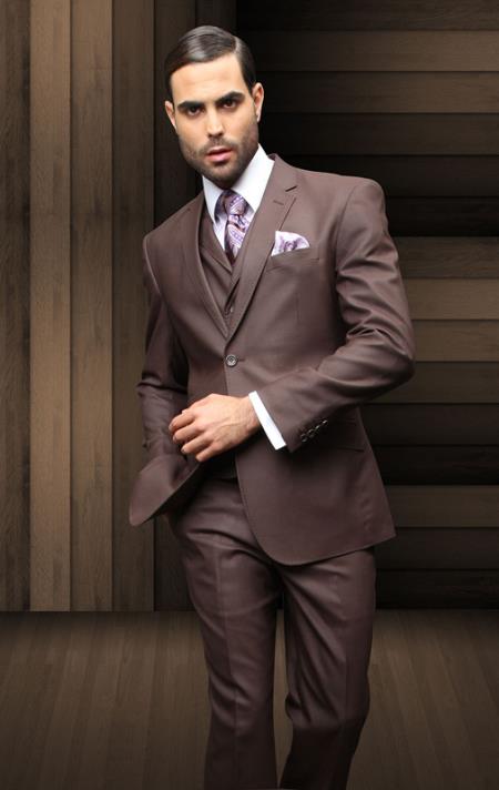 Mensusa Products Nice 3PC 2 Button Brown Suit with a Vest Super's Extra Fine Italian Wool