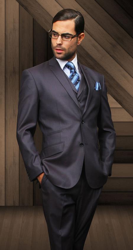 Mensusa Products Nice 3PC 2 Button Solid Navy Suit with a Vest Super's Extra Fine Italian Wool