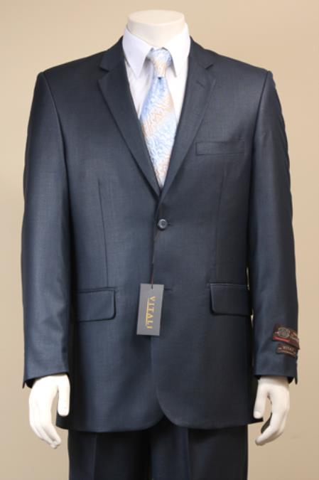 Men's 2 Button Textured Mini Weave Patterned Shiny Sharkskin Navy Suit