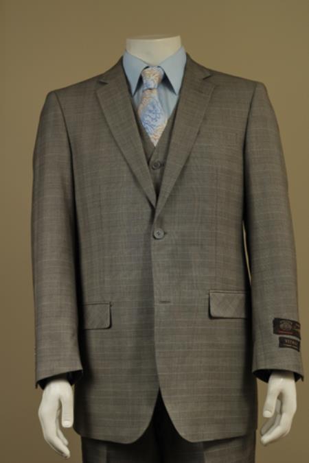 Mensusa Products Men's 2 Button Window Pane Plaid Patterned Vested 3PC Suit Taupe
