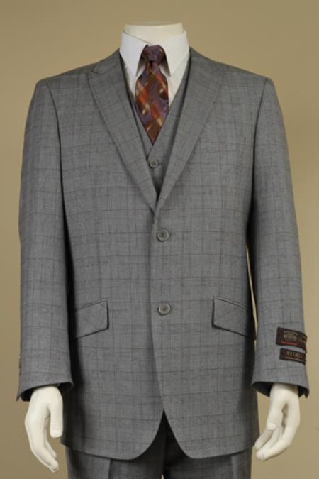 Mensusa Products Men's 2 Button Window Pane Plaid Patterned Vested 3PC Suit Light Gray