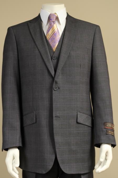Mensusa Products Men's 2 Button Window Pane Plaid Patterned Vested 3PC Suit Charcoal Gray