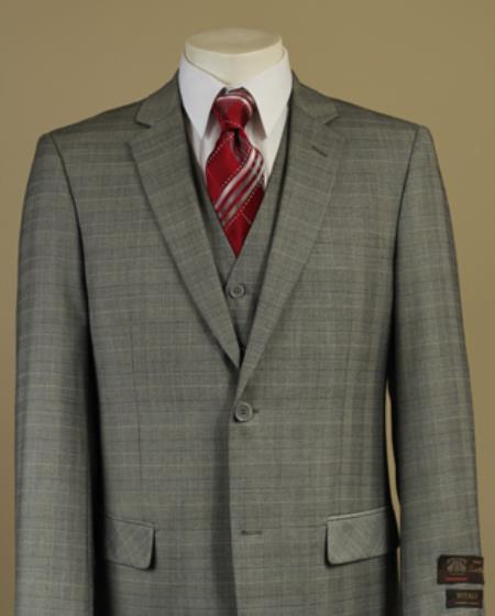 Mensusa Products Men's 2 Button Window Pane Plaid Patterned Vested 3PC Light Olive Suit