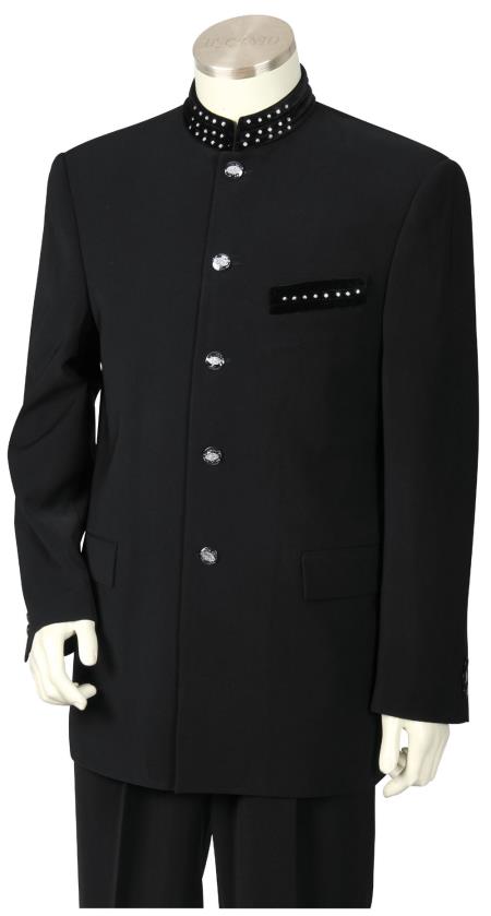 Mensusa Products Men's 2 Piece Microfiber Fashion Suit Nehru Style with Sparkling Accents Black