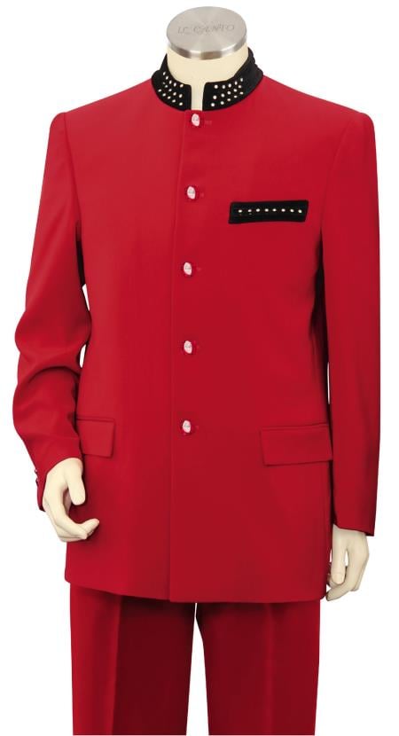 Mensusa Products Men's 2 Piece Microfiber Fashion Suit Nehru Style with Sparkling Accents Red