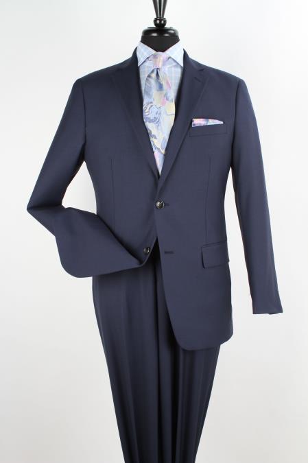 Men's 2 Piece 1 Wool Executive Suit Notch Lapel Solid Navy 