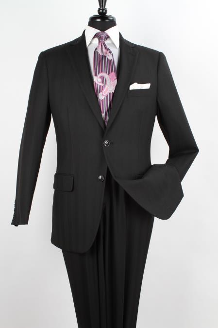 Men's 2 Piece 1 Wool Executive Suit Notch Lapel Solid Black Herringbone Pattern
