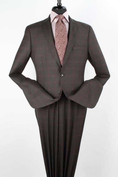 Mensusa Products Men's 2 Piece 1 Wool Executive Suit Notch Lapel Olive with Burgundy Grid