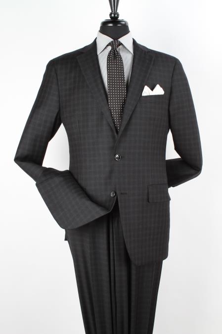 Men's 2 Piece 1 Wool Executive Suit Notch Lapel Black with Grey Gingham Check