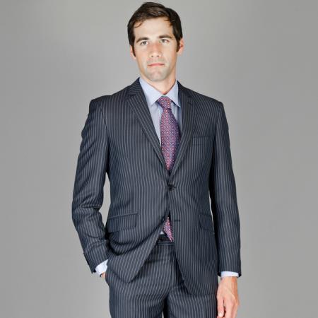 Men's Slim Fit Black Blue Stripe Wool and Silk Blend Suit
