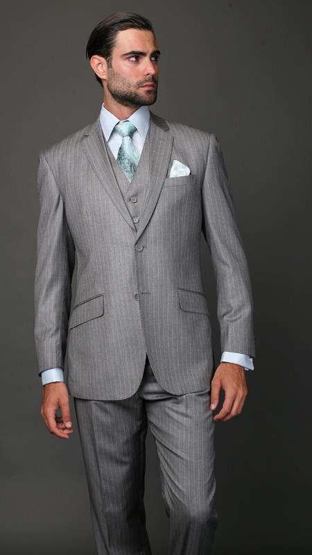 Mensusa Products Classic 3PC 2 Button Oxford Pinstripe three piece suit Super's Extra Fine Italian Fabric Grey