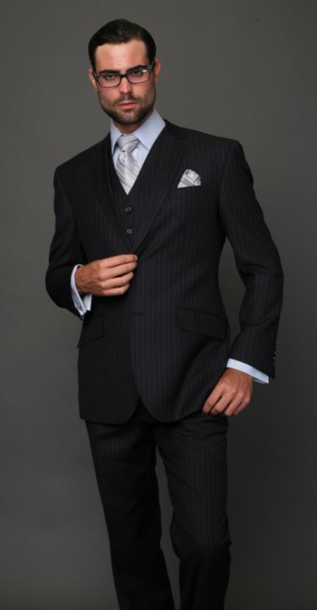Mensusa Products Classic 3PC 2 Button Navy Pinstripe three piece suit Super's Extra Fine Italian Fabric