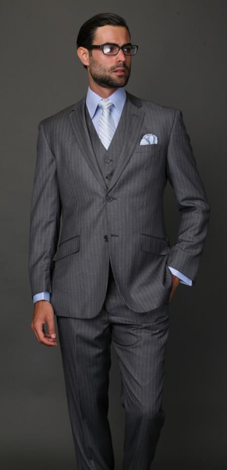 Mensusa Products Classic 3PC 2 Button Charcoal Pinstripe three piece suit Super's Extra Fine Italian Fabric