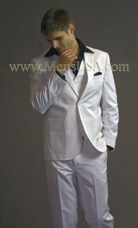 Mensusa Products 2 Button 3 Piece Linen Blend Patch Pocket White Suit