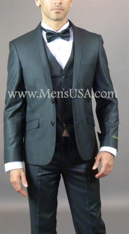 Mensusa Products 2 Button 3 Piece Slim Fit Shawl Lapel Black Sharkskin Suit