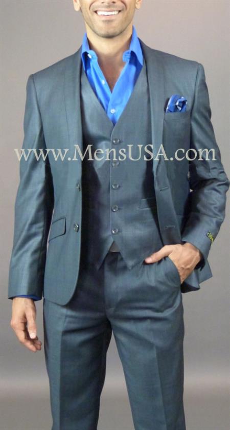 Mensusa Products Button 3 Piece Slim Fit Shawl Lapel Sharkskin Charcoal Suit