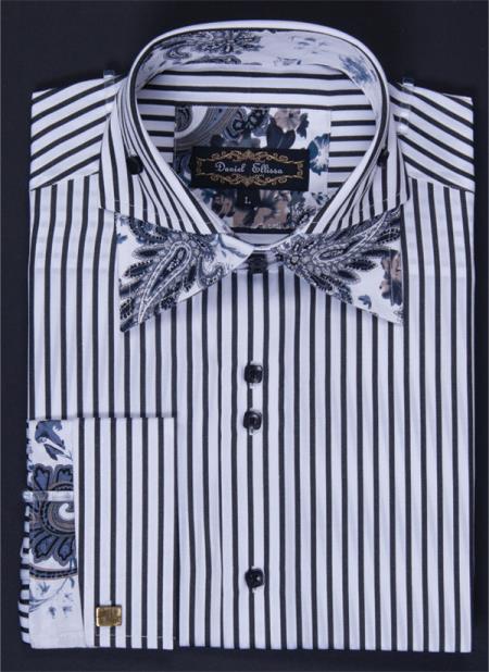 Mensusa Products Men's Fashion Dress Shirt Classic Stripe with Paisley Trim Black