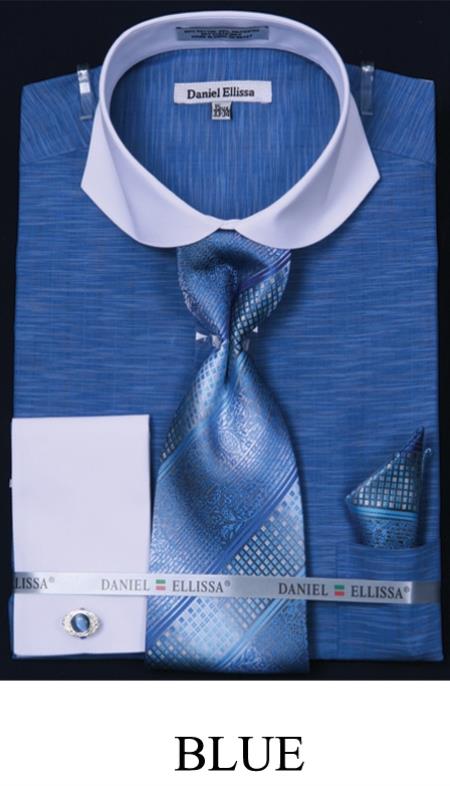 Mensusa Products Men's Spread Collar French Cuff Dress Shirt, Tie, Hanky and Cuff Links Two Tone Blue