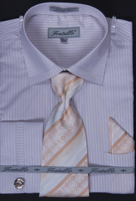 Mensusa Products Men's French Cuff Dress Shirt, Tie, Hanky and Cuff Links Subtle Stripe Beige