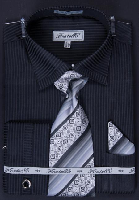 Mensusa Products Men's French Cuff Dress Shirt, Tie, Hanky and Cuff Links Subtle Stripe Black