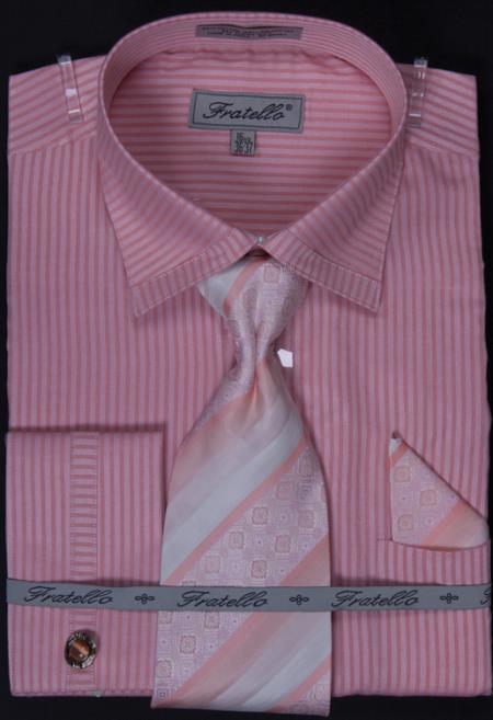 Mensusa Products Men's French Cuff Dress Shirt, Tie, Hanky and Cuff Links Subtle Stripe Peach